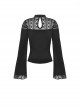 Gothic Style Elegant Stand Collar Exquisite Embroidered Lace Cross Strap Retro Black Trumpet Sleeves Top
