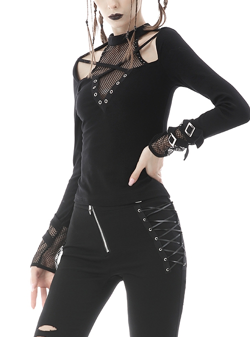 Punk Style V Neck Cross Shoulder Straps Cool Metal Buckle Sexy Black Mesh Long Sleeves Slim T Shirt
