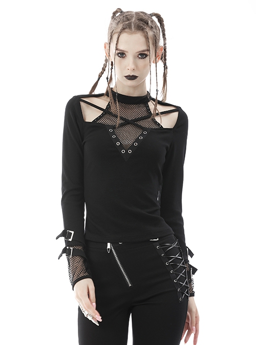 Punk Style V Neck Cross Shoulder Straps Cool Metal Buckle Sexy Black Mesh Long Sleeves Slim T Shirt
