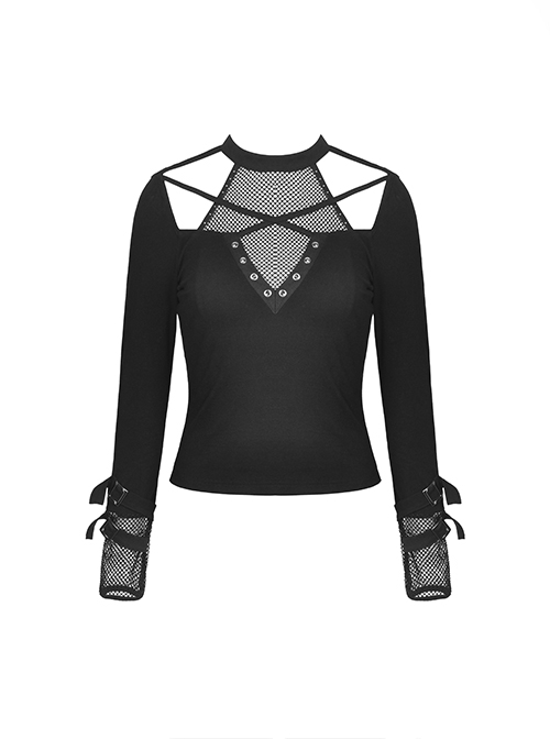 Punk Style V Neck Cross Shoulder Straps Cool Metal Buckle Sexy Black Mesh Long Sleeves Slim T Shirt