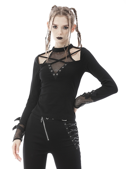 Punk Style V Neck Cross Shoulder Straps Cool Metal Buckle Sexy Black Mesh Long Sleeves Slim T Shirt