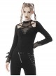 Punk Style V Neck Cross Shoulder Straps Cool Metal Buckle Sexy Black Mesh Long Sleeves Slim T Shirt