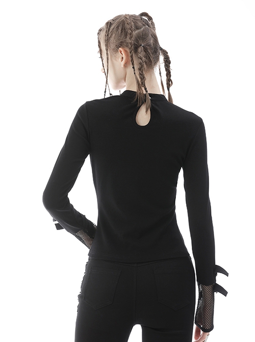 Punk Style V Neck Cross Shoulder Straps Cool Metal Buckle Sexy Black Mesh Long Sleeves Slim T Shirt