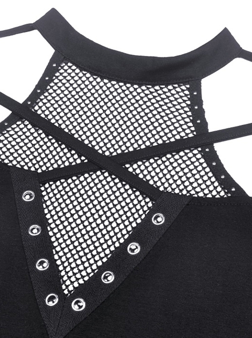 Punk Style V Neck Cross Shoulder Straps Cool Metal Buckle Sexy Black Mesh Long Sleeves Slim T Shirt