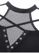 Punk Style V Neck Cross Shoulder Straps Cool Metal Buckle Sexy Black Mesh Long Sleeves Slim T Shirt