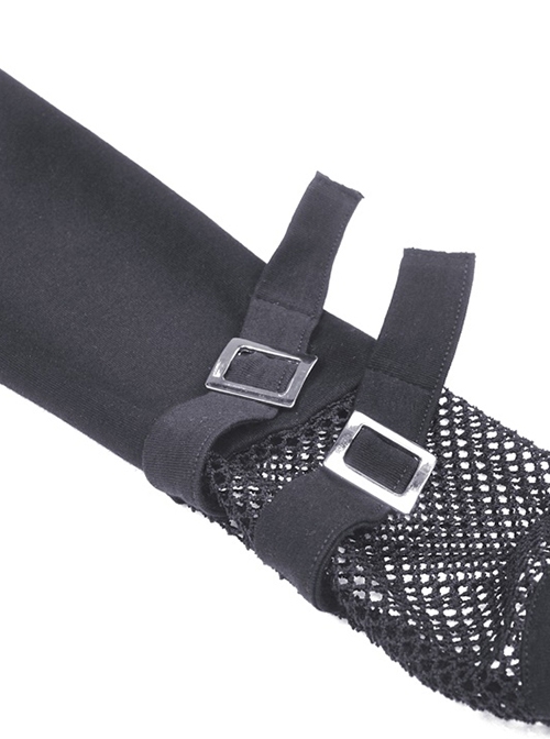 Punk Style V Neck Cross Shoulder Straps Cool Metal Buckle Sexy Black Mesh Long Sleeves Slim T Shirt