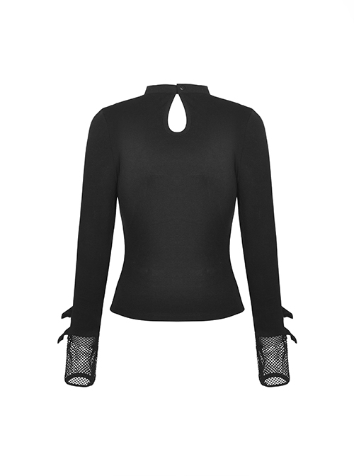 Punk Style V Neck Cross Shoulder Straps Cool Metal Buckle Sexy Black Mesh Long Sleeves Slim T Shirt