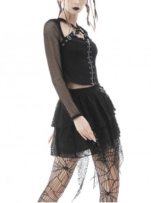 Punk Style Cross Strap Halter Neck Woven Mesh Spliced Metal Rivet Zip Buckle Sexy Cool Black Long Sleeves Top