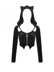 Punk Style Retro Velvet Unique Cat Ear Shape Metal Moon Zip Black Long Sleeves Hooded Short Top