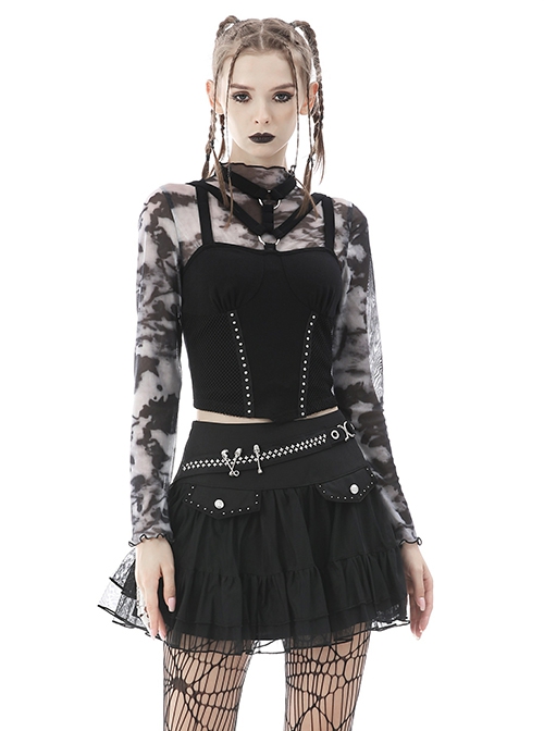 Punk Style High Collar Daily Personalized Gray Tie Dyed Lightweight Mesh Long Sleeves Slim Short Top