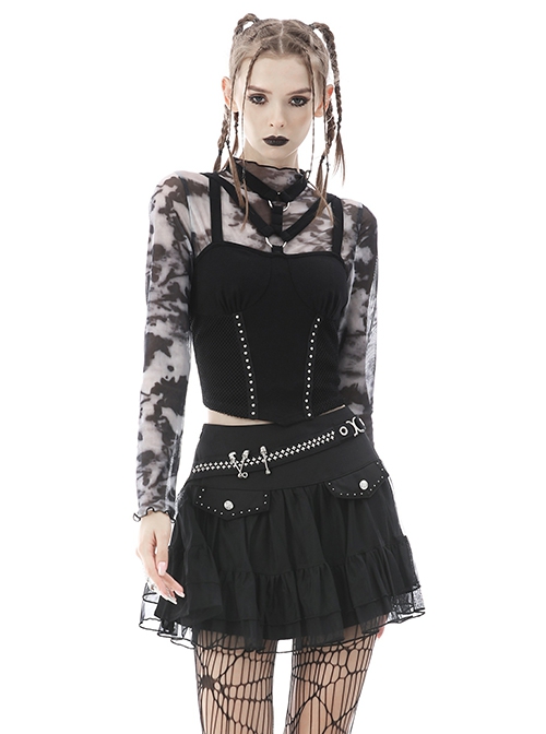 Punk Style High Collar Daily Personalized Gray Tie Dyed Lightweight Mesh Long Sleeves Slim Short Top