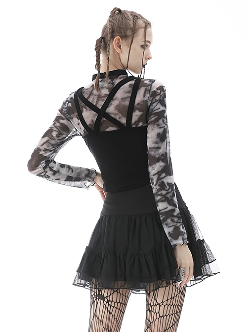 Punk Style High Collar Daily Personalized Gray Tie Dyed Lightweight Mesh Long Sleeves Slim Short Top