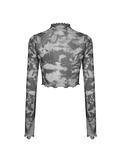 Punk Style High Collar Daily Personalized Gray Tie Dyed Lightweight Mesh Long Sleeves Slim Short Top