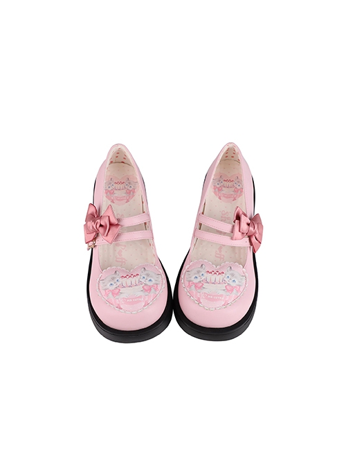 Gemini Cat Series Cute Pink Cake Kitty Versatile Casual Bowknot Sweet Lolita Thick Sole Round Toe Single Shoes