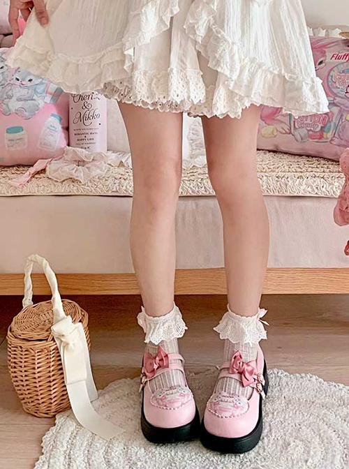 Gemini Cat Series Cute Pink Cake Kitty Versatile Casual Bowknot Sweet Lolita Thick Sole Round Toe Single Shoes