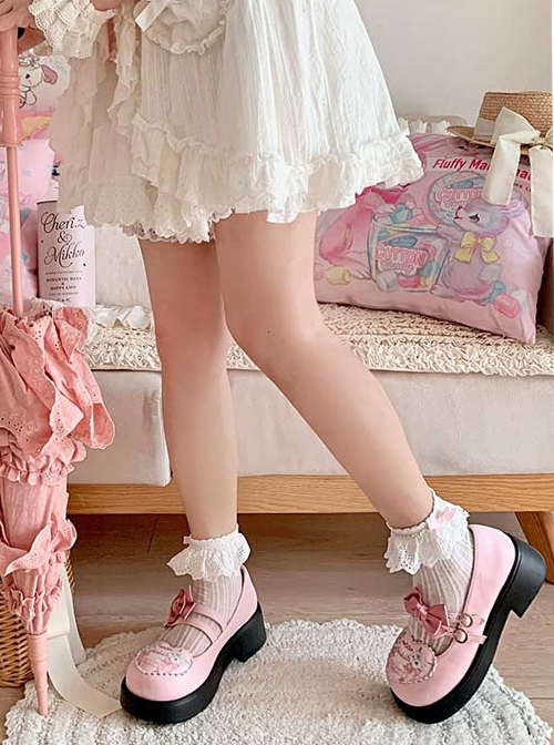 Gemini Cat Series Cute Pink Cake Kitty Versatile Casual Bowknot Sweet Lolita Thick Sole Round Toe Single Shoes