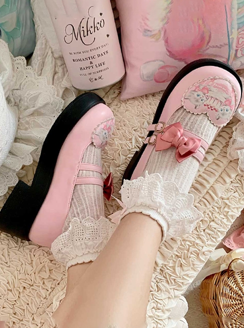 Gemini Cat Series Cute Pink Cake Kitty Versatile Casual Bowknot Sweet Lolita Thick Sole Round Toe Single Shoes