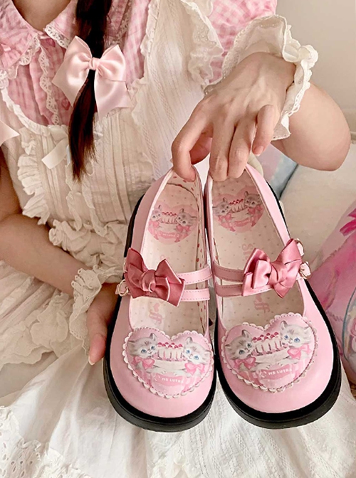 Gemini Cat Series Cute Pink Cake Kitty Versatile Casual Bowknot Sweet Lolita Thick Sole Round Toe Single Shoes