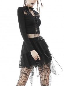 Punk Style Stand Collar Sexy Hollow On The Chest Leather Cross Straps Black Long Sleeves Short Top