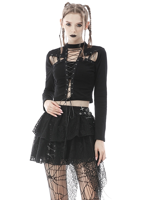 Punk Style Stand Collar Sexy Hollow On The Chest Leather Cross Straps Black Long Sleeves Short Top