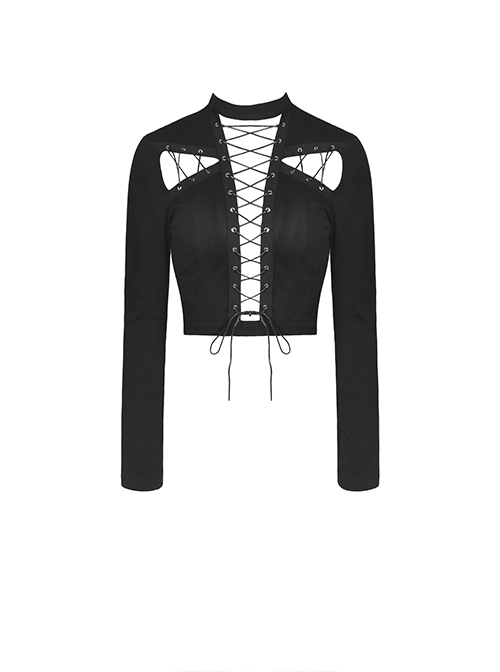 Punk Style Stand Collar Sexy Hollow On The Chest Leather Cross Straps Black Long Sleeves Short Top