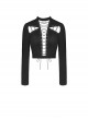 Punk Style Stand Collar Sexy Hollow On The Chest Leather Cross Straps Black Long Sleeves Short Top