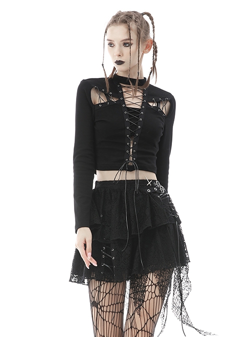 Punk Style Stand Collar Sexy Hollow On The Chest Leather Cross Straps Black Long Sleeves Short Top