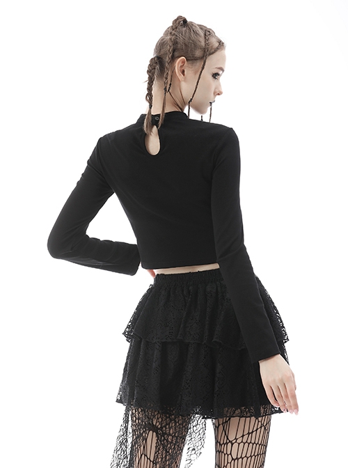 Punk Style Stand Collar Sexy Hollow On The Chest Leather Cross Straps Black Long Sleeves Short Top