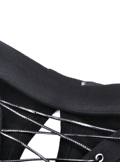 Punk Style Stand Collar Sexy Hollow On The Chest Leather Cross Straps Black Long Sleeves Short Top