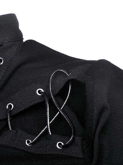 Punk Style Stand Collar Sexy Hollow On The Chest Leather Cross Straps Black Long Sleeves Short Top