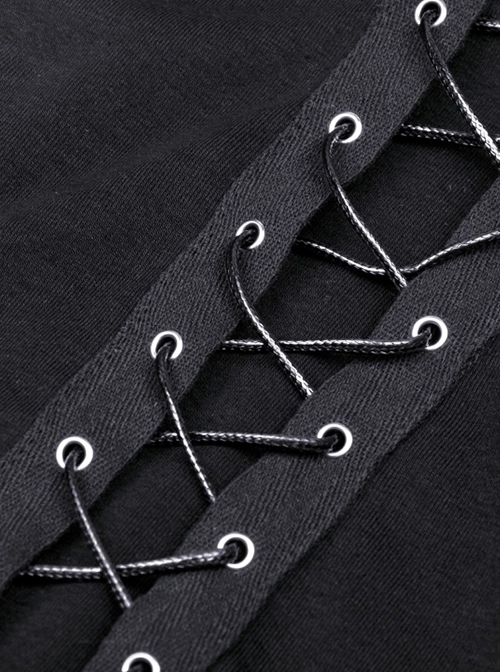 Punk Style Stand Collar Sexy Hollow On The Chest Leather Cross Straps Black Long Sleeves Short Top