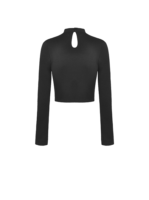 Punk Style Stand Collar Sexy Hollow On The Chest Leather Cross Straps Black Long Sleeves Short Top