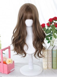 Peach Linen Brown Japanese Style Gentle Daily Versatile Flat Bangs Long Curly Hair Classic Lolita Wig