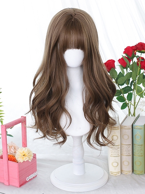 Peach Linen Brown Japanese Style Gentle Daily Versatile Flat Bangs Long Curly Hair Classic Lolita Wig