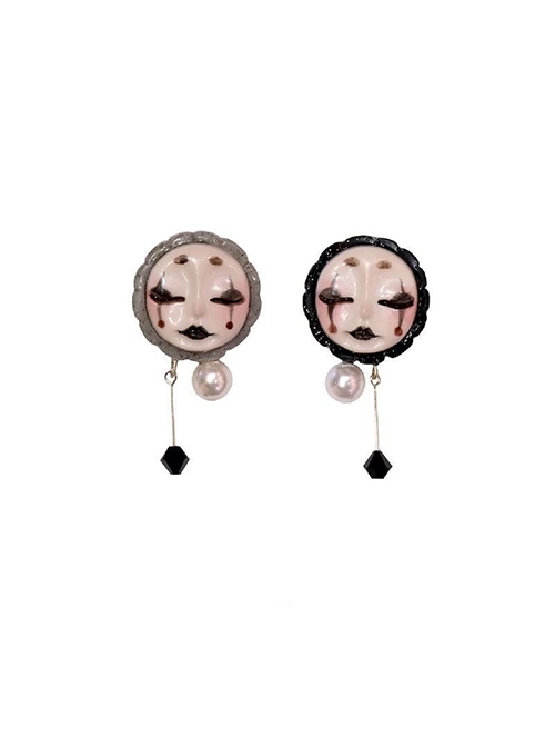 Sweet Cool Handmade Resin Art Gifts Dark Black Witch Face Sterling Silver Pearl Gothic Lolita Ear Studs