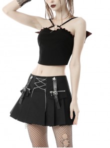 Punk Style Cute Red Leather Bat Wing Sexy Mesh Strap Metal Love Cross Decorated Black Suspender Short Top