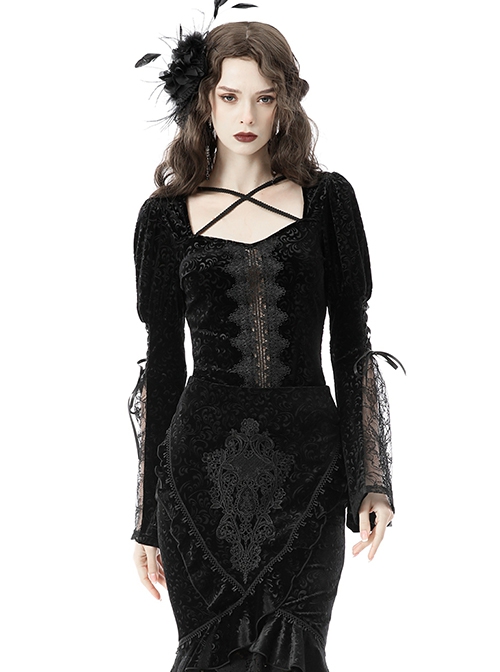 Gothic Style Luxury Velvet Exquisite Lace Stitching Drawstring Straps Elegant Black Trumpet Sleeves Top