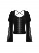 Gothic Style Luxury Velvet Exquisite Lace Stitching Drawstring Straps Elegant Black Trumpet Sleeves Top