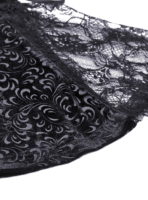 Gothic Style Luxury Velvet Exquisite Lace Stitching Drawstring Straps Elegant Black Trumpet Sleeves Top