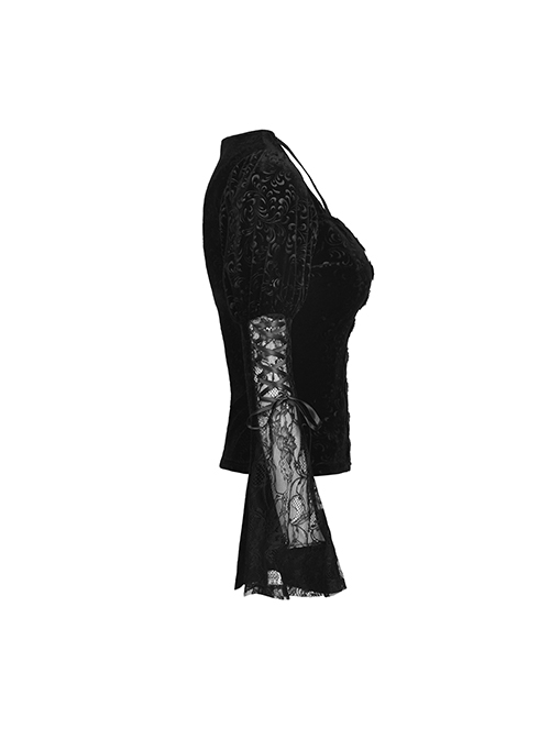 Gothic Style Luxury Velvet Exquisite Lace Stitching Drawstring Straps Elegant Black Trumpet Sleeves Top