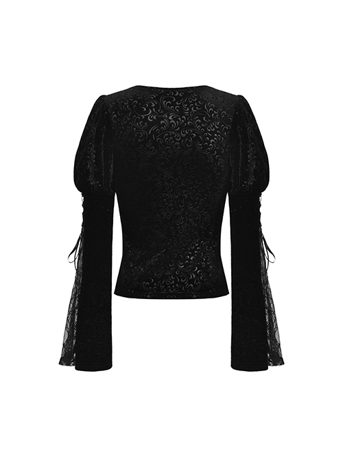 Gothic Style Luxury Velvet Exquisite Lace Stitching Drawstring Straps Elegant Black Trumpet Sleeves Top