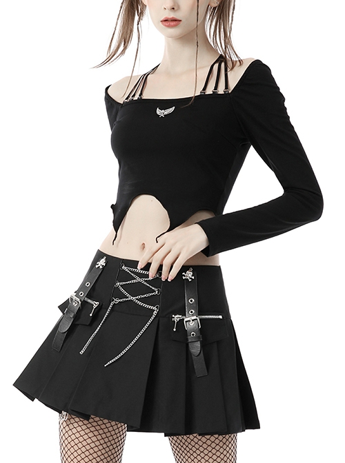 Punk Style Personalized Metal Skull Wings Decorated Sexy Slim Exposed Navel Black Halterneck Long Sleeves Top