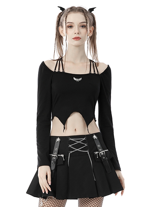 Punk Style Personalized Metal Skull Wings Decorated Sexy Slim Exposed Navel Black Halterneck Long Sleeves Top