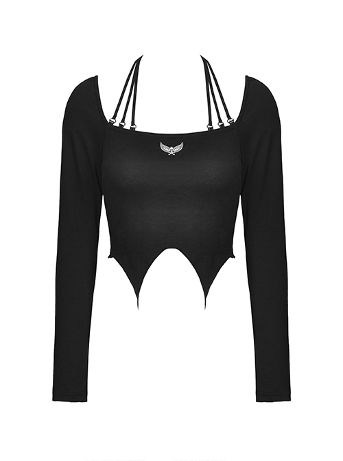 Punk Style Personalized Metal Skull Wings Decorated Sexy Slim Exposed Navel Black Halterneck Long Sleeves Top