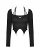 Punk Style Personalized Metal Skull Wings Decorated Sexy Slim Exposed Navel Black Halterneck Long Sleeves Top