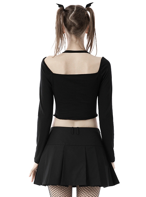 Punk Style Personalized Metal Skull Wings Decorated Sexy Slim Exposed Navel Black Halterneck Long Sleeves Top