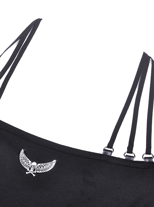Punk Style Personalized Metal Skull Wings Decorated Sexy Slim Exposed Navel Black Halterneck Long Sleeves Top