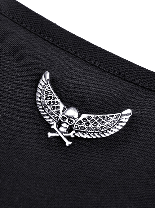 Punk Style Personalized Metal Skull Wings Decorated Sexy Slim Exposed Navel Black Halterneck Long Sleeves Top