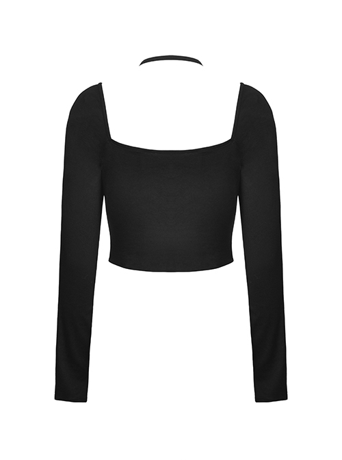 Punk Style Personalized Metal Skull Wings Decorated Sexy Slim Exposed Navel Black Halterneck Long Sleeves Top