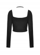 Punk Style Personalized Metal Skull Wings Decorated Sexy Slim Exposed Navel Black Halterneck Long Sleeves Top